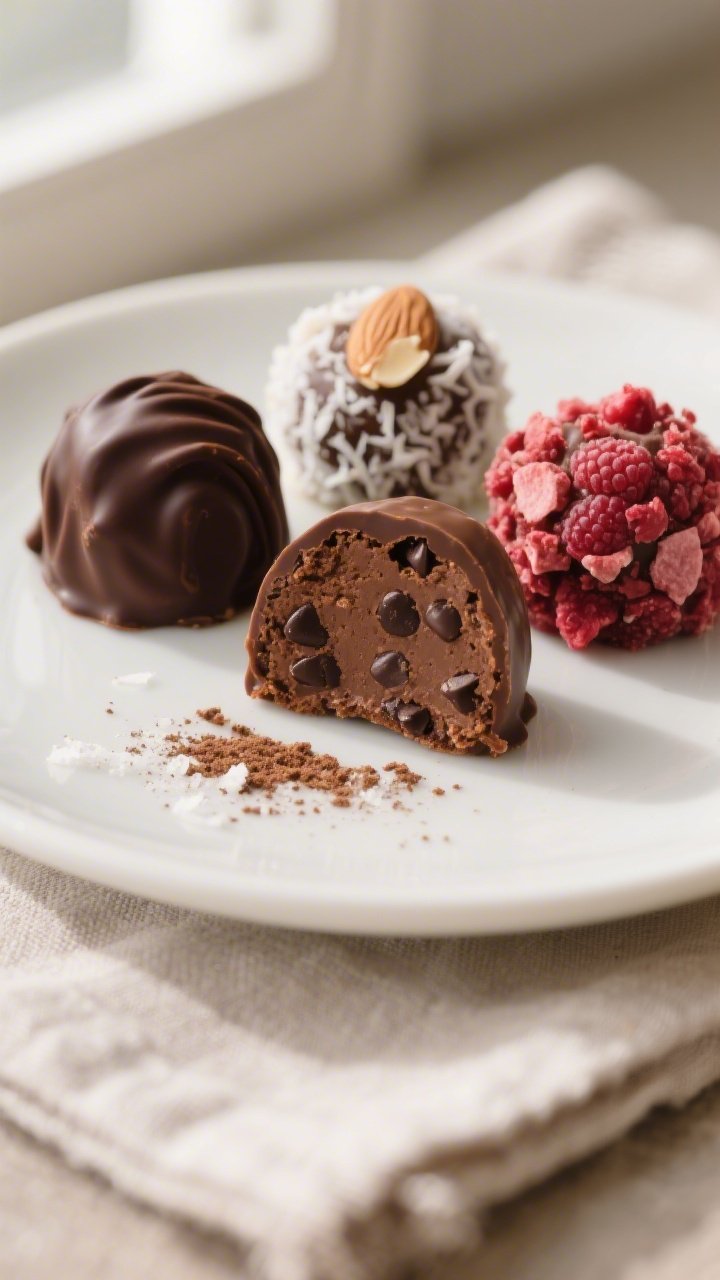 Close-up, shallow-depth final presentation of a small dessert plate with three 100-Calorie Chocolate