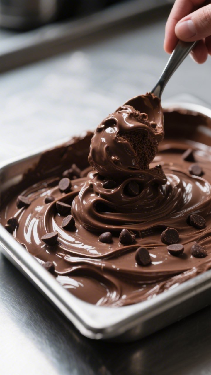 Close-up, shallow depth-of-field process shot of the thick, scoopable version being stirred in a sha