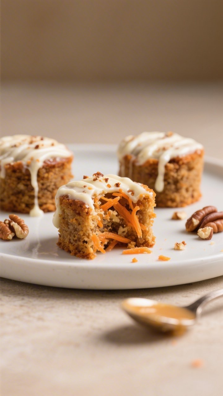 Close-up, three 100-calorie carrot cake bites plated on a matte white dessert plate, one bite torn o