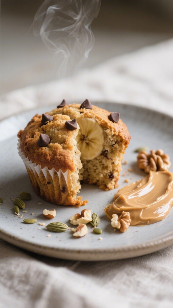 Close-up three-quarter angle of a plated muffin served warm with a glossy peanut butter swipe on the