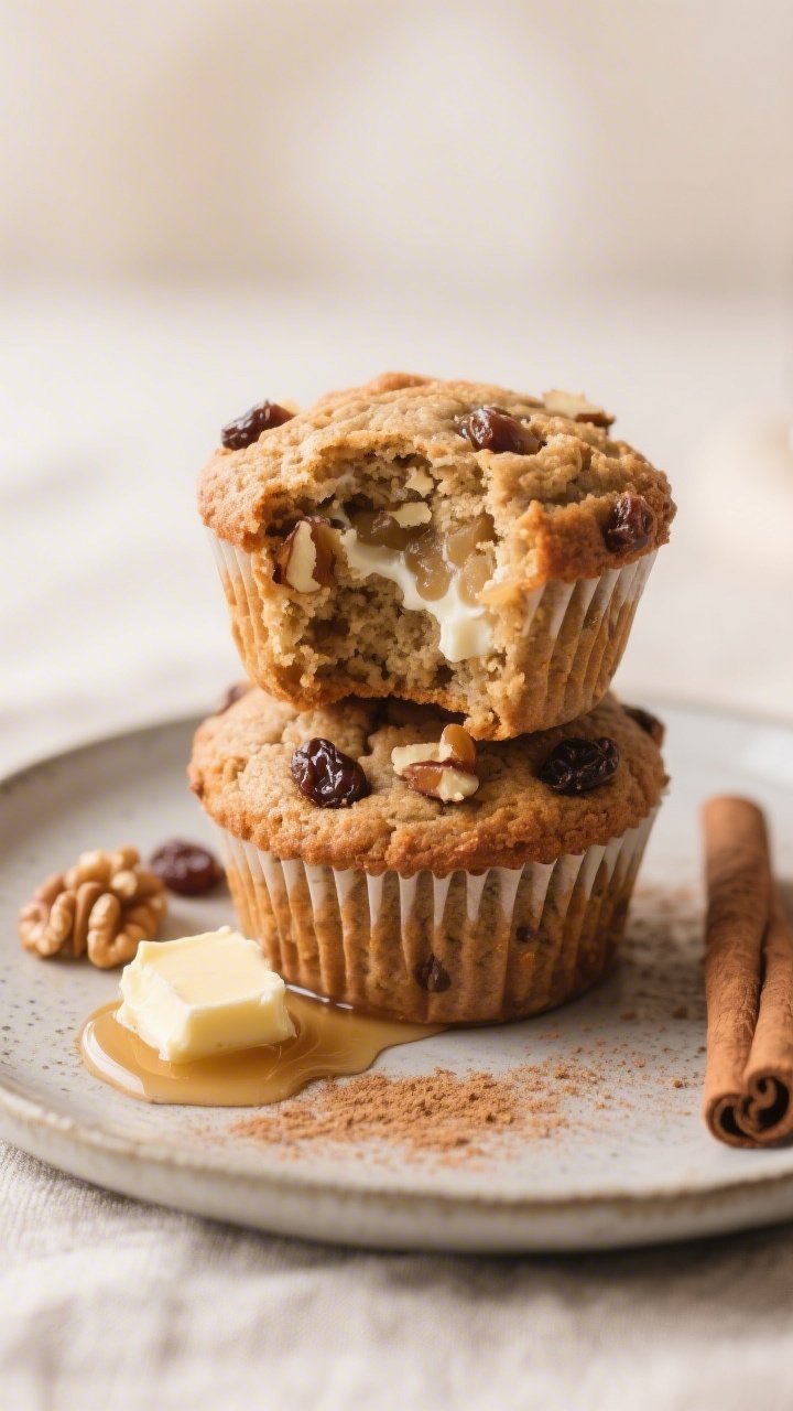 Close-up, three-quarter angle of a plated stack of two healthy cinnamon muffins on a matte ceramic p