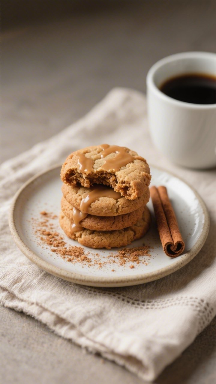 Close-up, three-quarter angle of a small dessert plate stacked with 3–4 keto cinnamon cookies, one