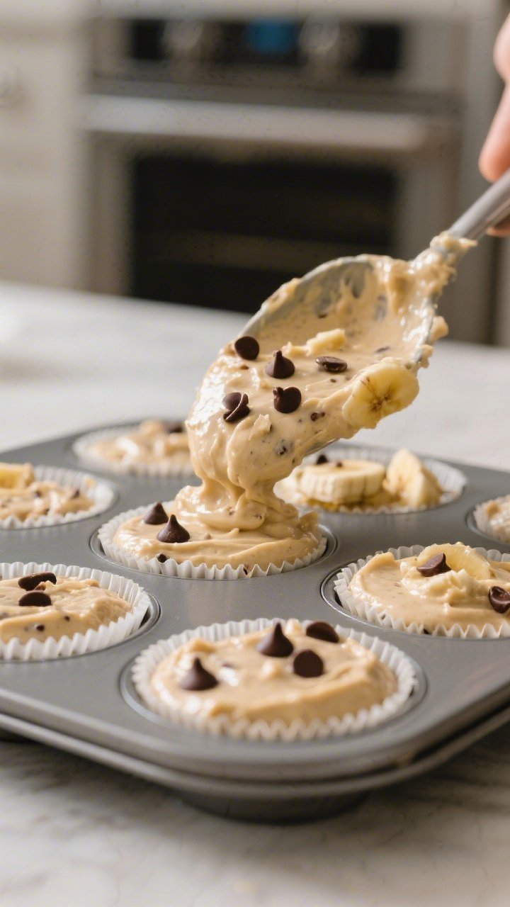 Close-up, three-quarter angle of muffin batter being portioned into a lined 12-cup tin, cups filled