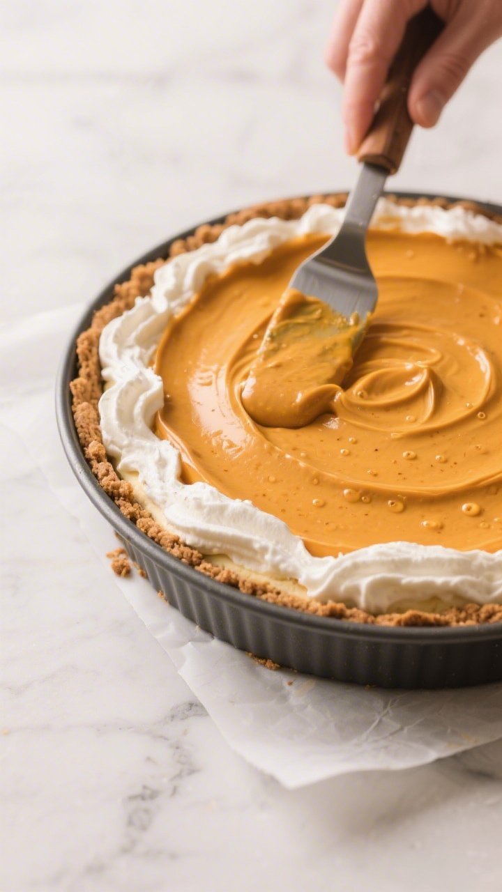Close-up, three-quarter angle process shot of the cheesecake filling being smoothed in the pan: glos