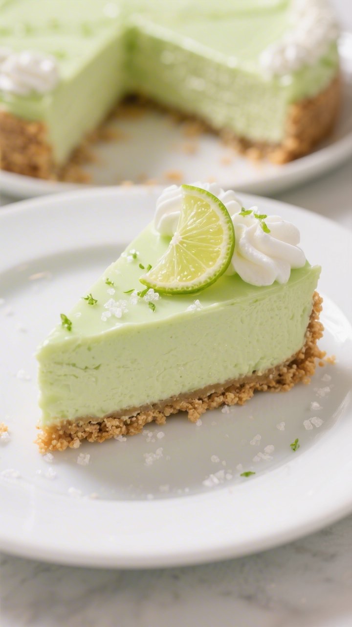 Close-up, three-quarter hero shot of a chilled and set slice of no-bake key lime cheesecake on a whi