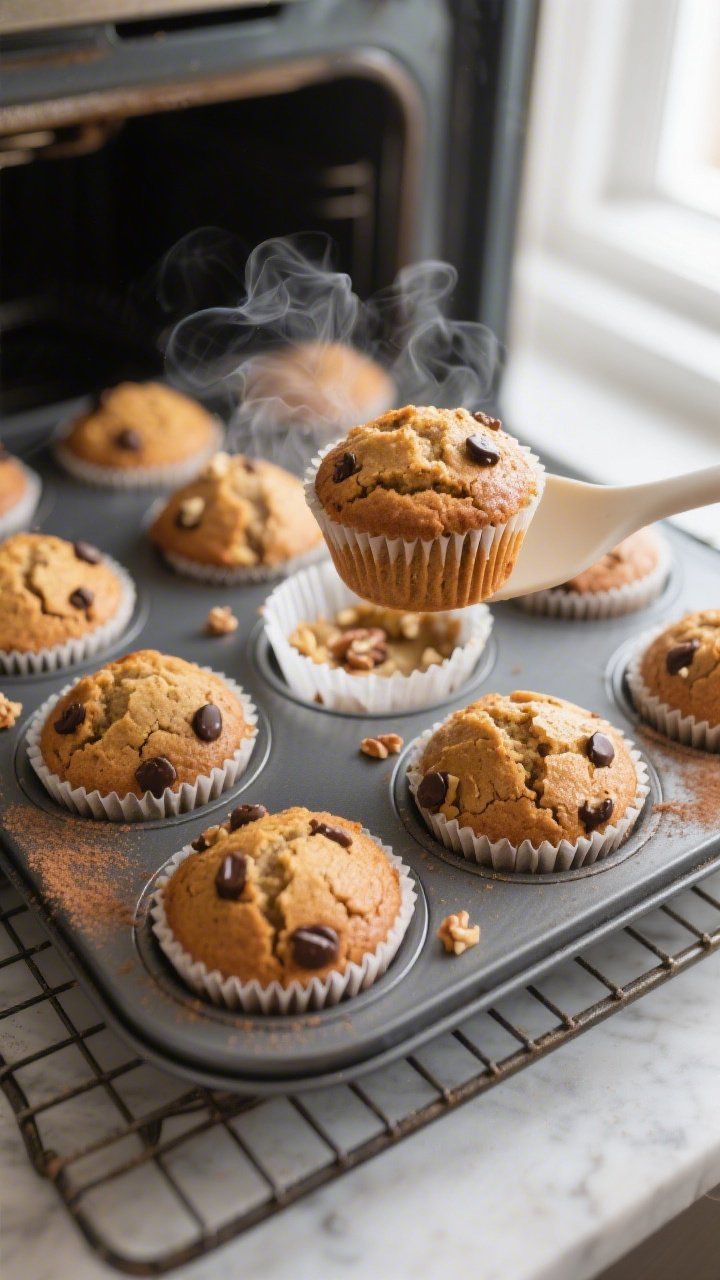 Cooking process close-up: A 12-cup muffin tin just pulled from the oven at 350°F, golden-brown bana
