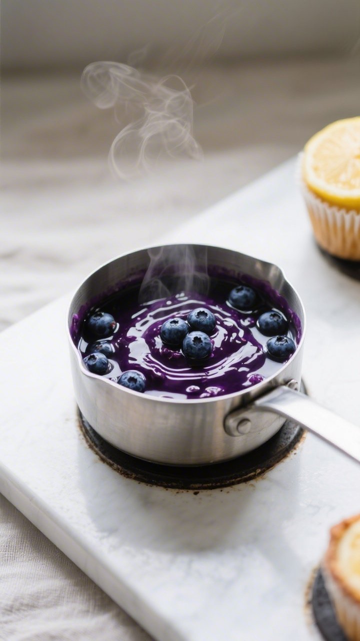 Cooking process close-up: A small stainless saucepan on a matte white stovetop with a glossy blueber
