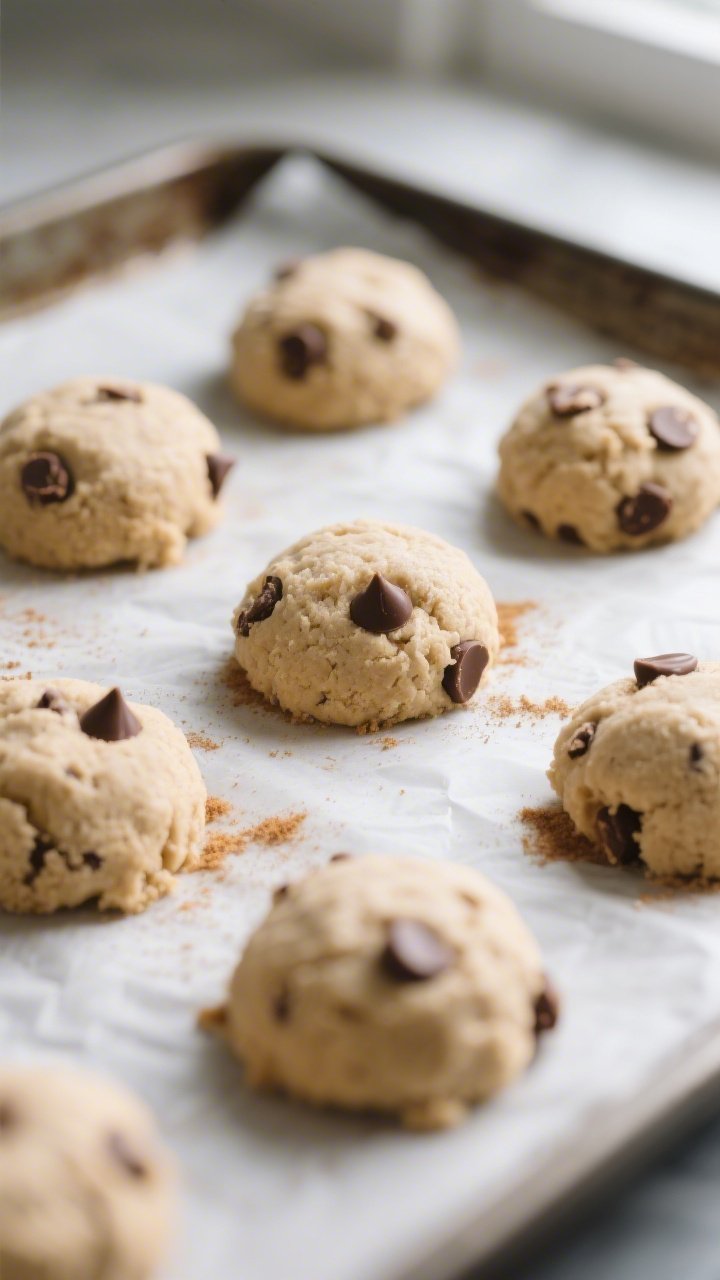 Cooking process close-up: Almond flour cookie dough portions on a parchment-lined baking sheet, each