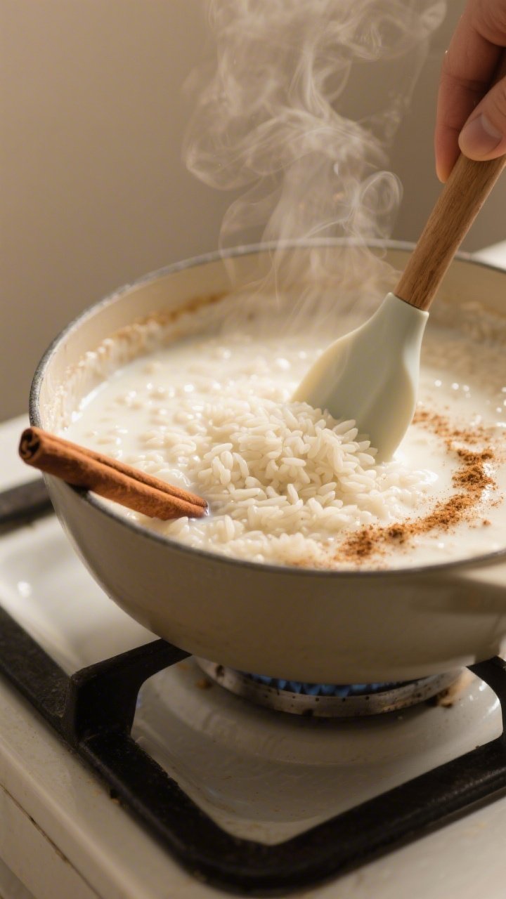 Cooking process, close-up detail: A medium saucepan of simmering rice pudding on low heat with almon