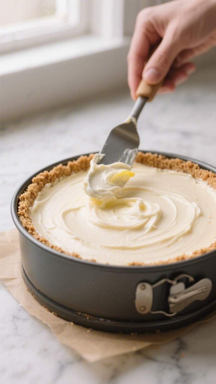 Cooking process, close-up detail: Close-up of a 9-inch springform pan with a fully pressed, chilled 