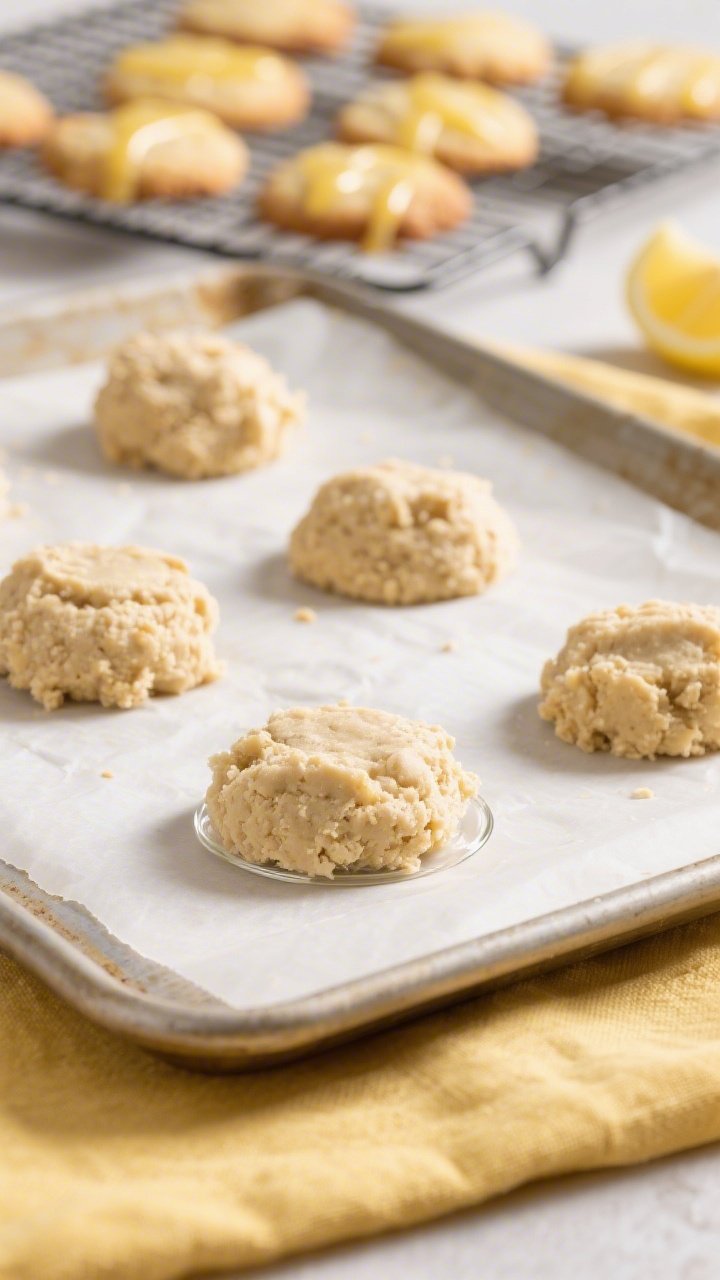 Cooking process, close-up detail: Shallow-depth-of-field shot of keto lemon cookie dough portions on