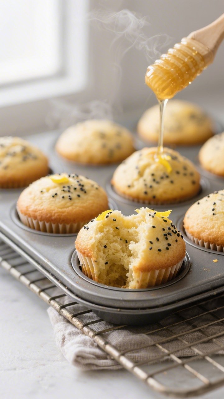 Cooking process close-up: Freshly baked lemon poppyseed muffins just out of the oven, still in a 12-
