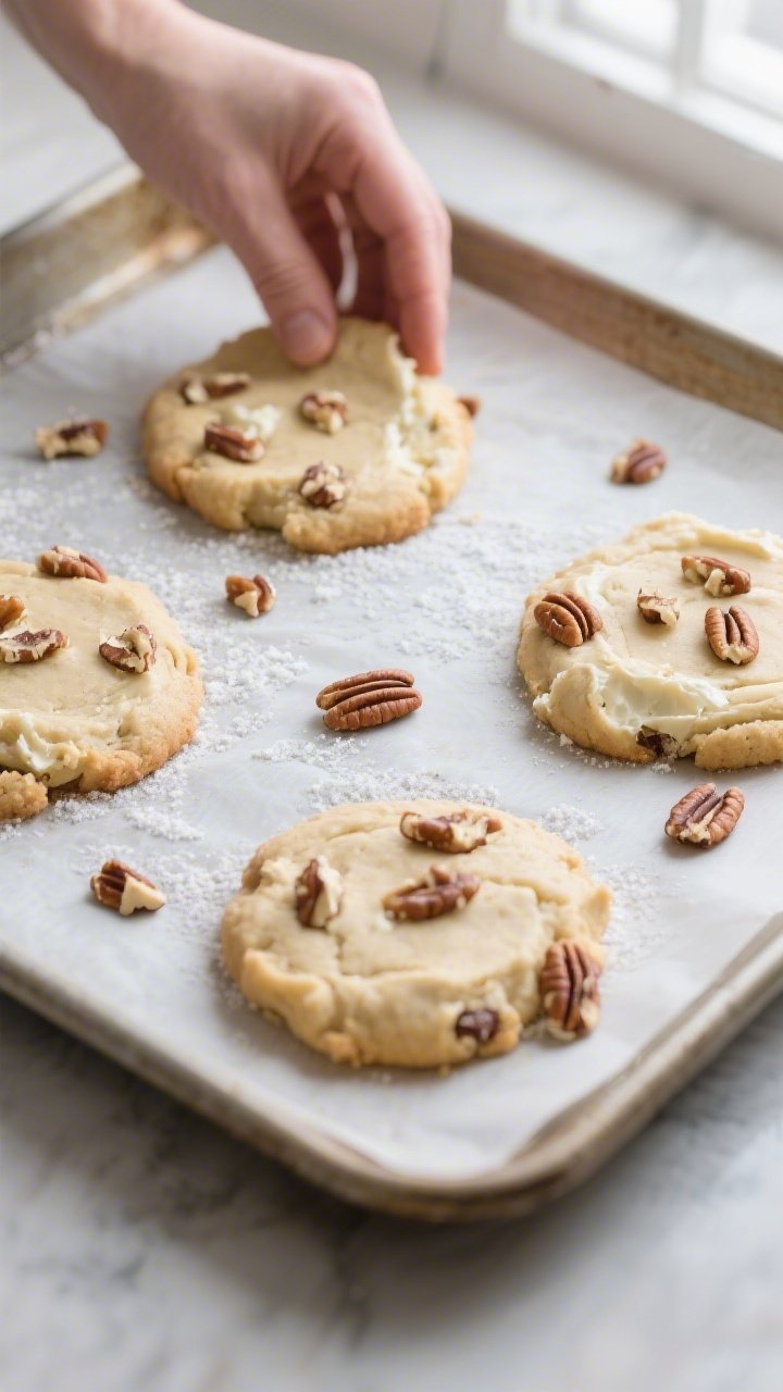Cooking process close-up: Keto cream cheese pecan cookie dough mounds being gently flattened to 1/2-