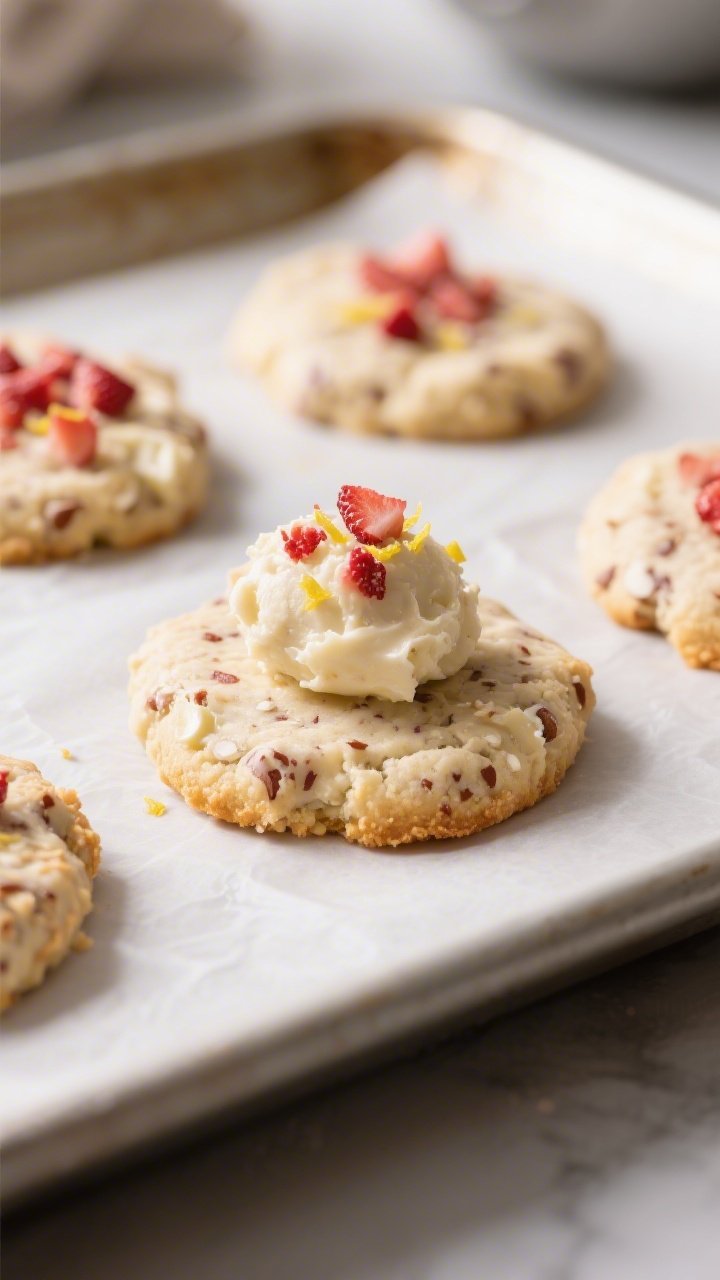 Cooking process close-up: Keto strawberry cookie dough scooped and gently flattened to 1/2 inch on a