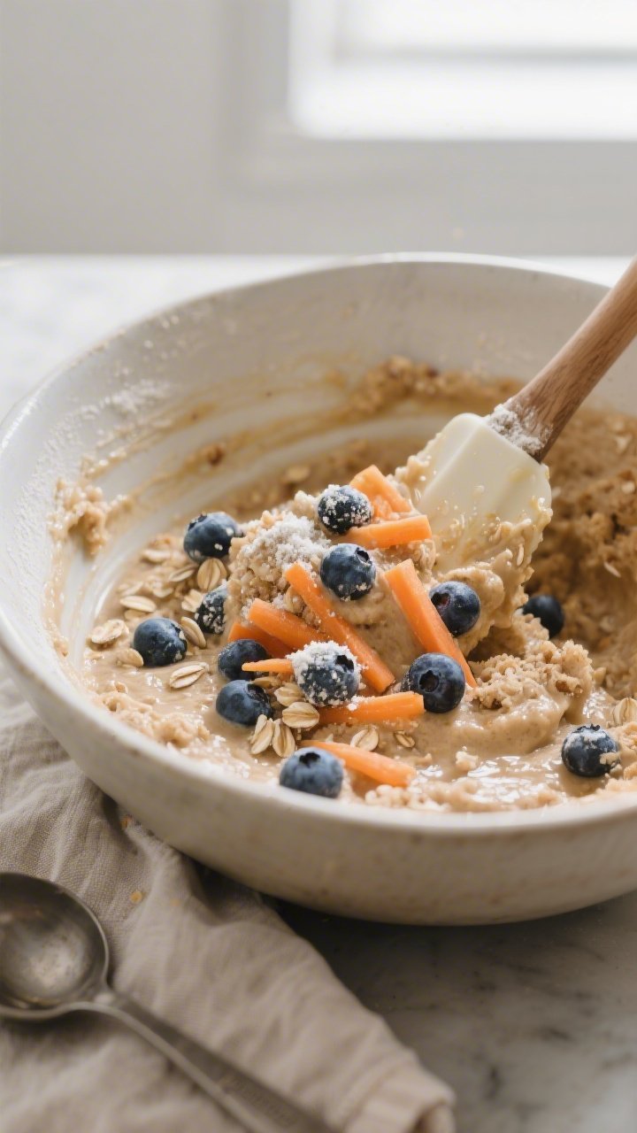 Cooking process close-up: Muffin batter being gently folded with blueberries and grated carrot in a 