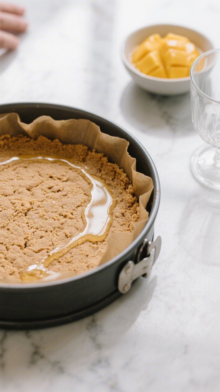 Cooking process close-up: Overhead shot of a springform pan lined with parchment, showing the prepar