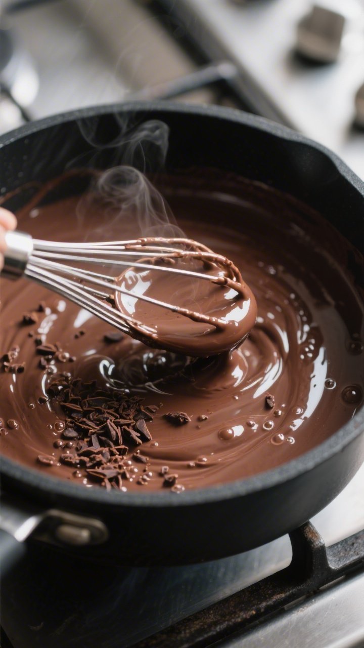 Cooking process close-up: Silky chocolate protein pudding thickening in a matte black saucepan over