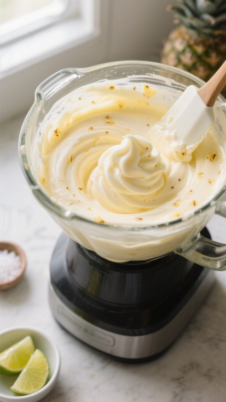 Cooking process close-up: Silky pineapple whip mid-blend in a high-speed blender, captured from a 45