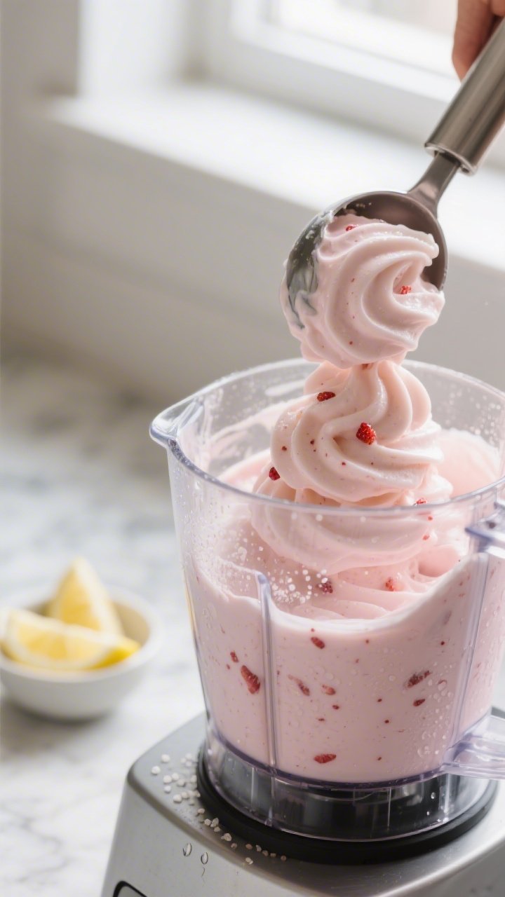 Cooking process shot: Thick, soft-serve strawberry ice cream just blended in a chilled high-speed bl