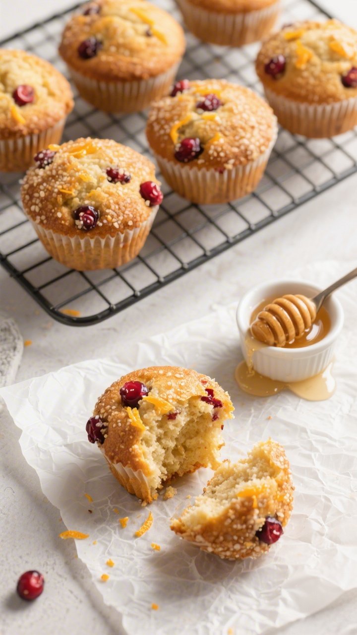 Final dish overhead: A cooling rack topped with freshly baked orange cranberry muffins, golden domes