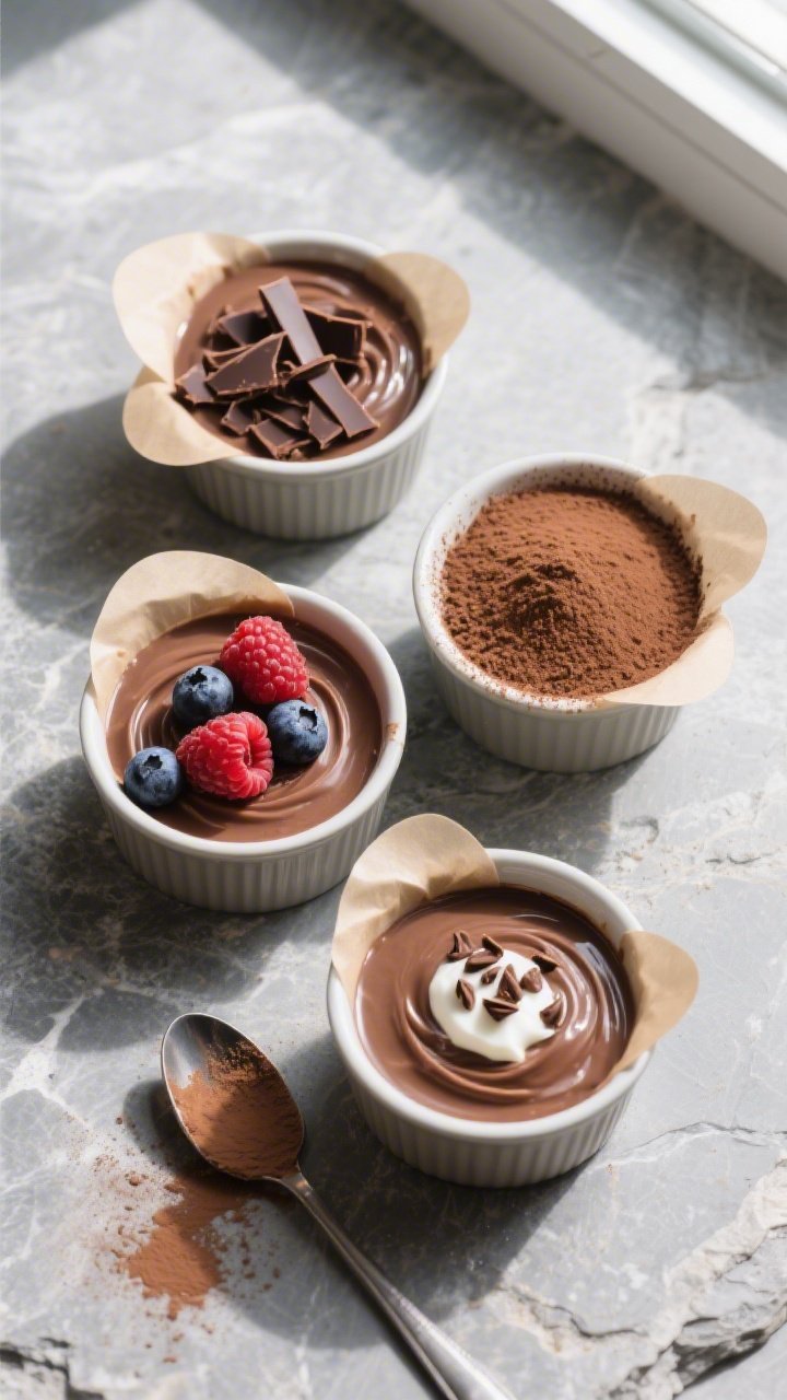 Final dish overhead: Four chilled ramekins of 100-calorie chocolate protein pudding, smooth set surf
