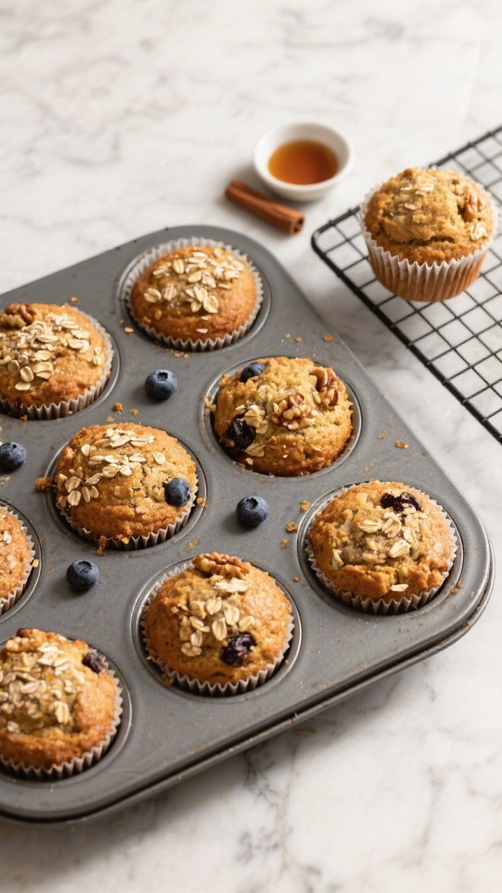 Final dish overhead: Golden-brown vegan muffins in a lined 12-cup tin just out of the oven, domed to