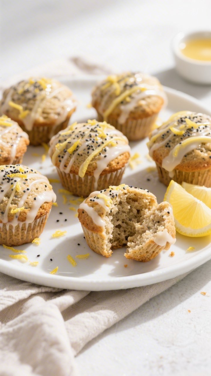 Final dish overhead: Overhead shot of glazed healthy lemon poppyseed muffins arranged on a white cer