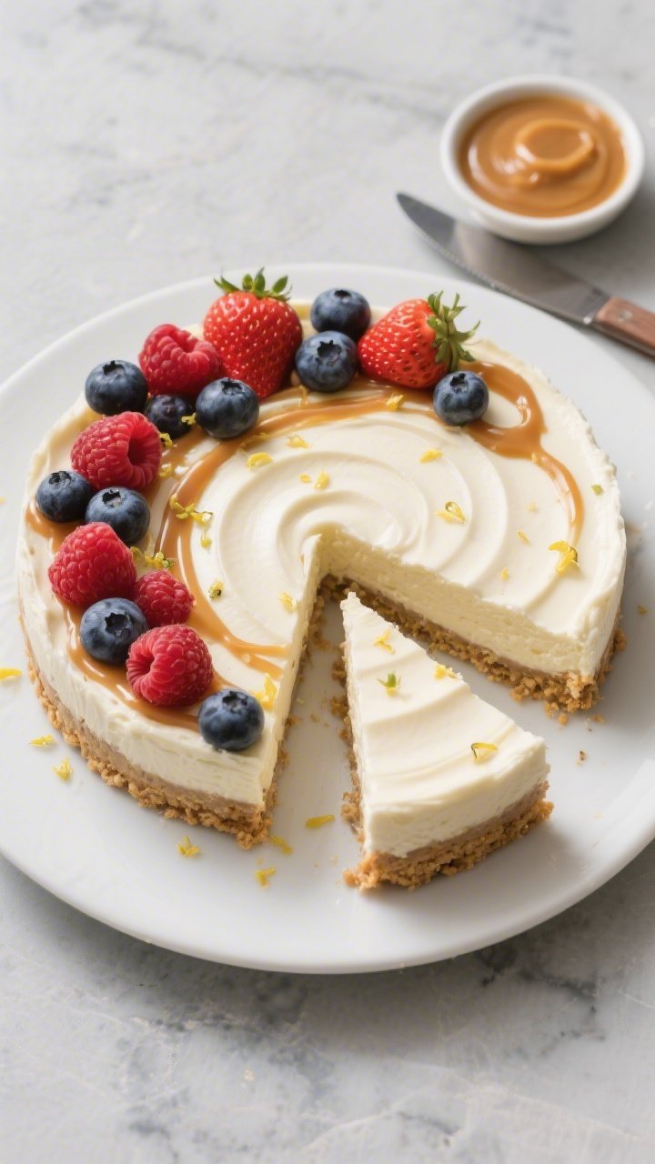 Final dish/overhead presentation: Finished no-bake cheesecake set and sliced cleanly, top silky-smoo