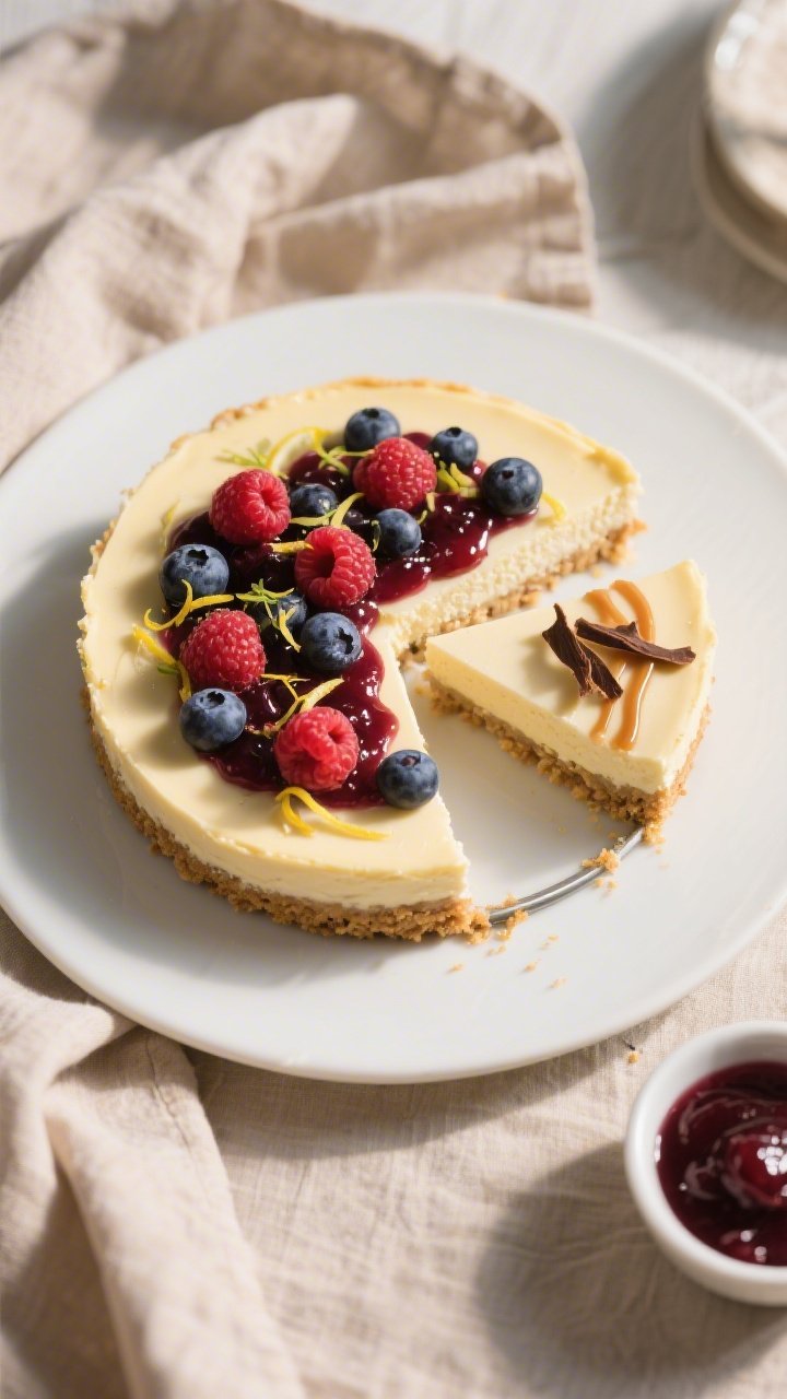 Final dish overhead presentation: Overhead shot of a fully set no bake cheesecake released from the