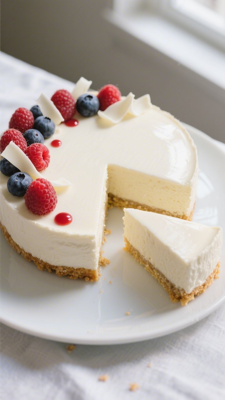 Final dish overhead shot: No bake white chocolate cheesecake fully set and unmolded, clean, sharp sl