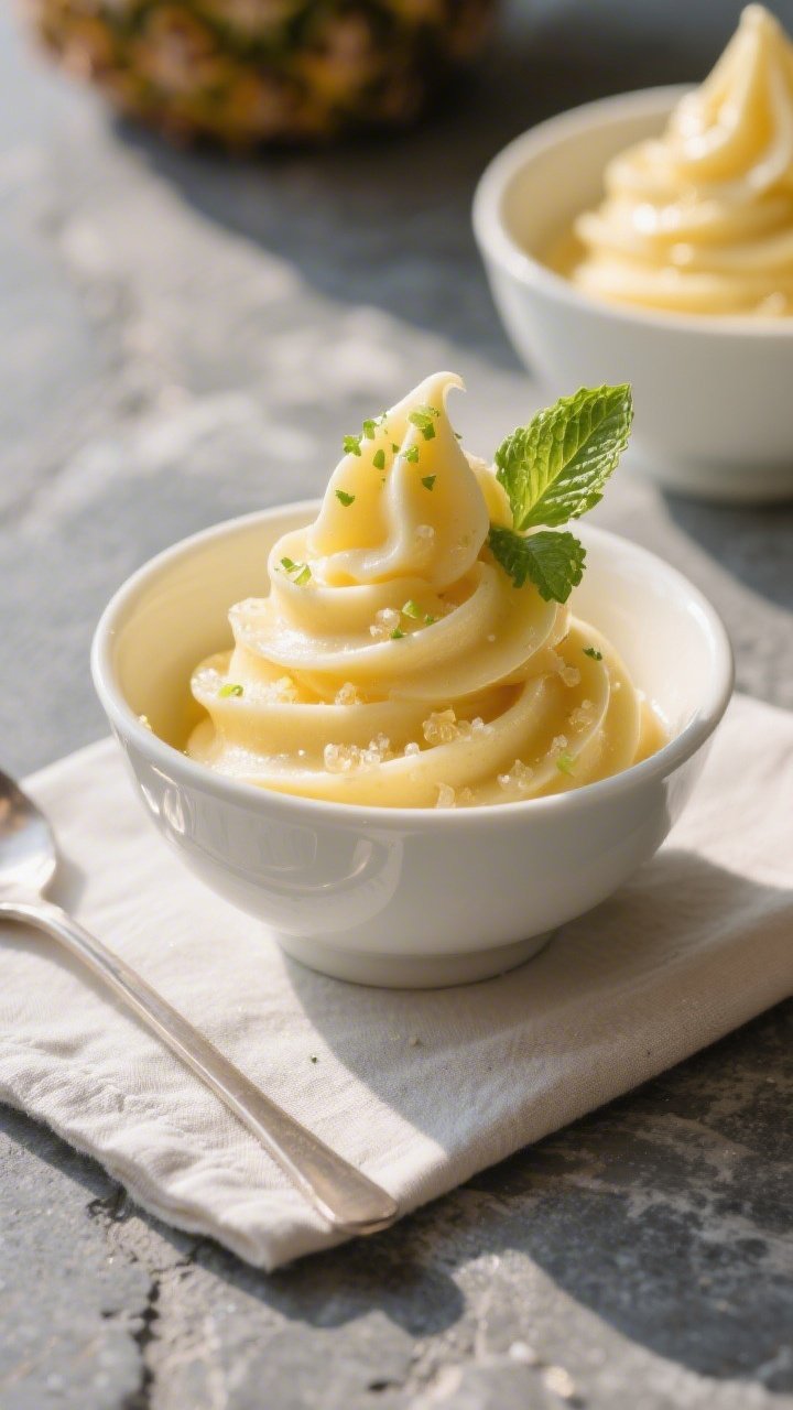 Final dish overhead: Tasty top-down shot of 100-Calorie Pineapple Whip piped into a classic soft-ser