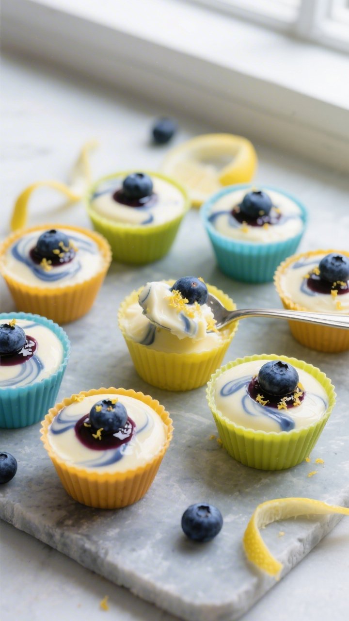 Final dish overhead: Top-down shot of 6–8 Blueberry Lemon Cups set in colorful silicone muffin cup
