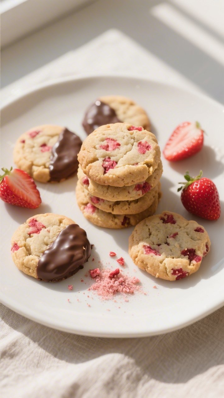 Final dish overhead: Top-down shot of a plate of soft, chewy keto strawberry cookies arranged in a c