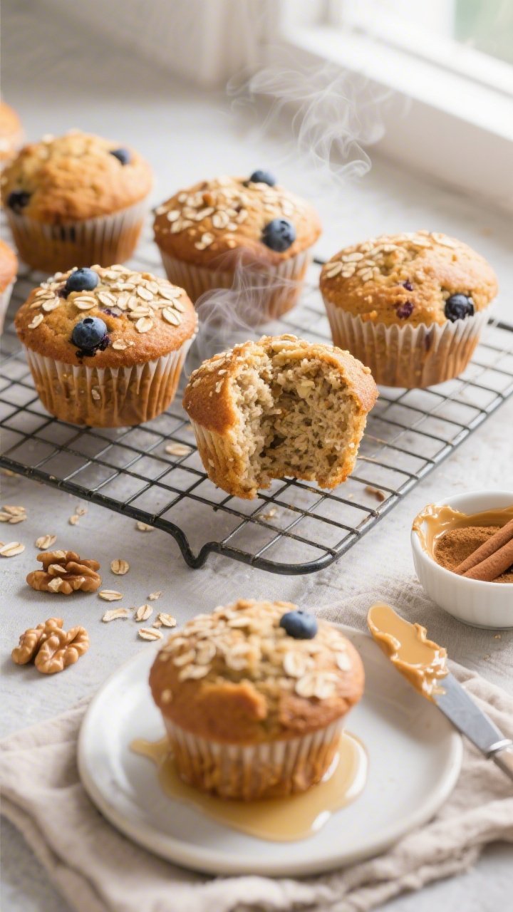 Final dish overhead: Top-down shot of freshly baked healthy oat muffins on a cooling rack, golden-br