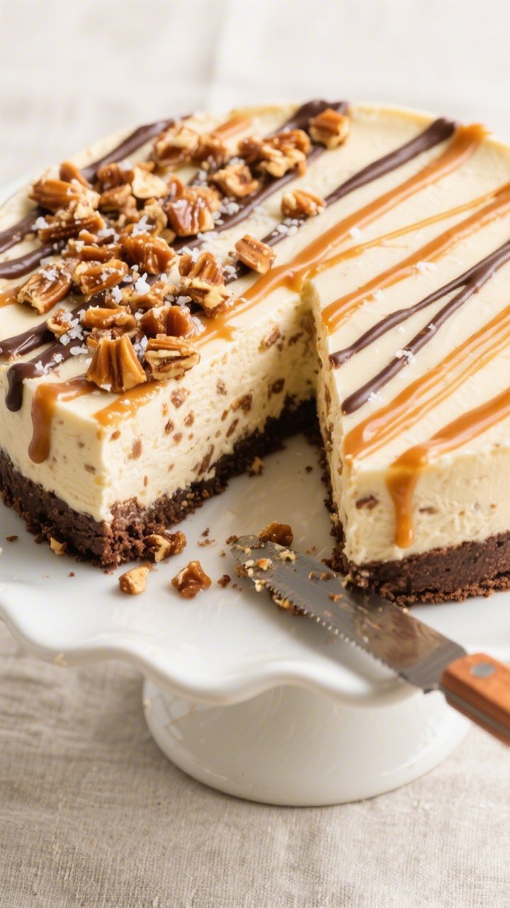 Final dish, tasty top view: Overhead shot of a fully set No Bake Toffee Crunch Cheesecake on a white