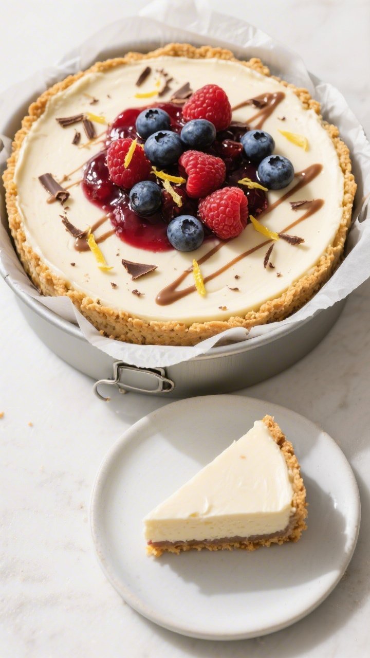 Final dish, tasty top view: Overhead shot of a fully set no-bake cheesecake in a 9-inch springform,