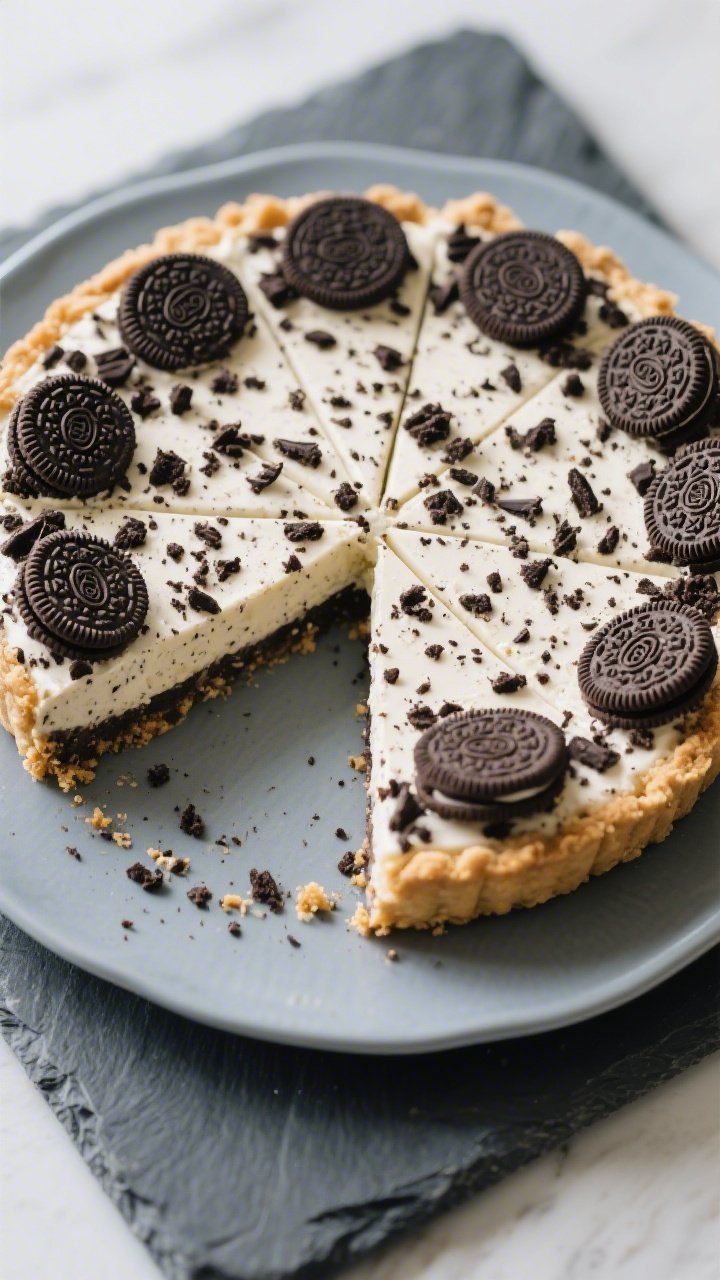 Final dish, tasty top view: Overhead shot of a fully set no-bake Oreo cheesecake just released from 