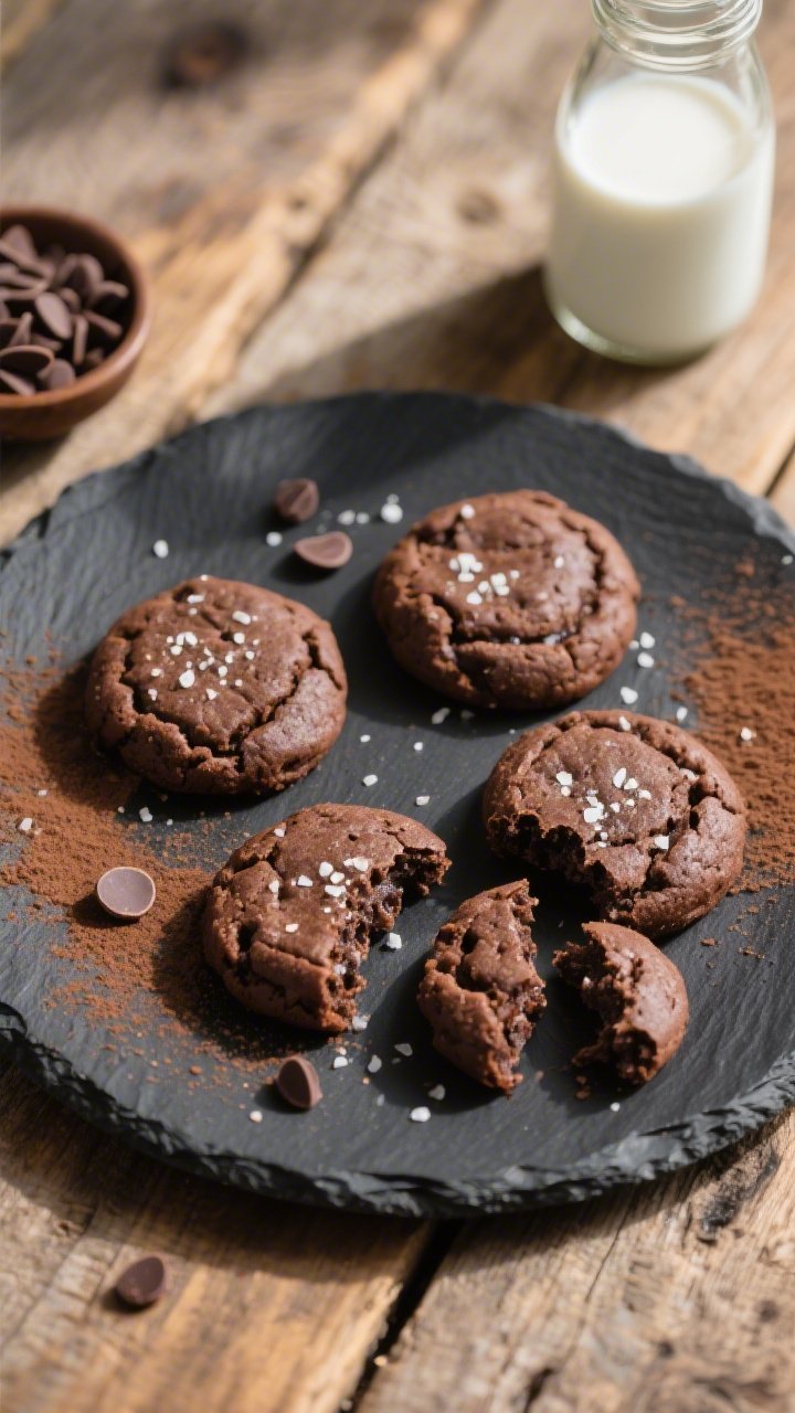 Final dish, tasty top view: Overhead shot of a neatly arranged plate of keto brownie cookies on a ma