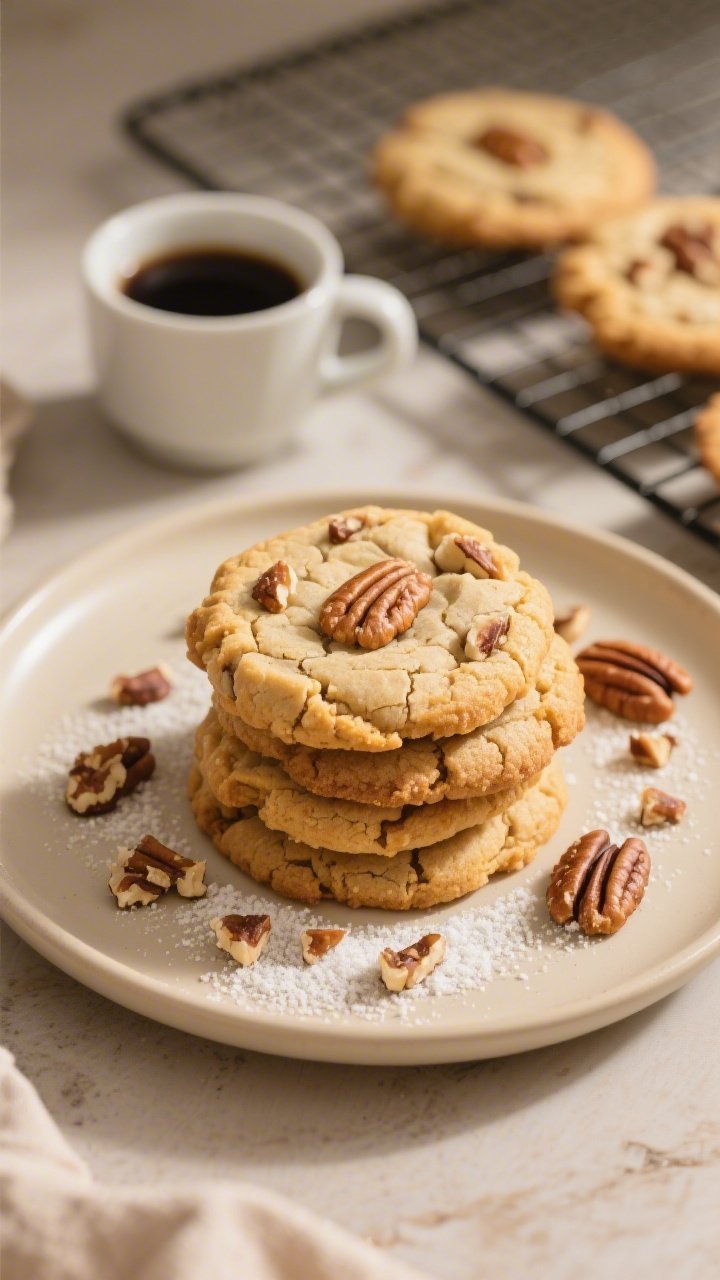 Final dish, tasty top view: Overhead shot of a plate of keto pecan cookies—crispy golden edges wit