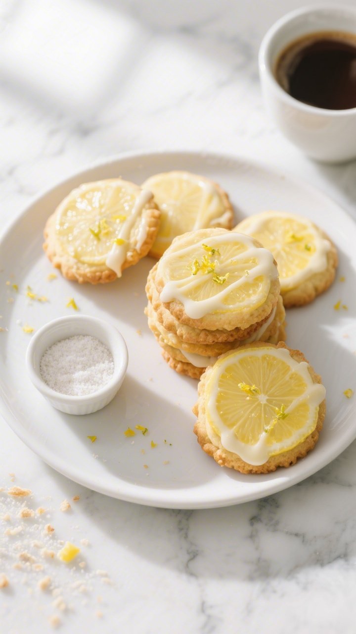 Final dish, tasty top view: Overhead shot of a plate of finished keto lemon cookies—soft centers w