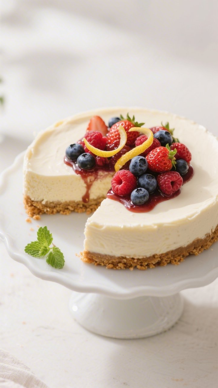 Final dish, tasty top view: Overhead shot of a pristine no-bake cheesecake with graham cracker crust