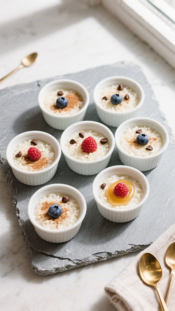 Final dish, tasty top view: Overhead shot of eight mini rice pudding cups (about 1/4 cup each) porti