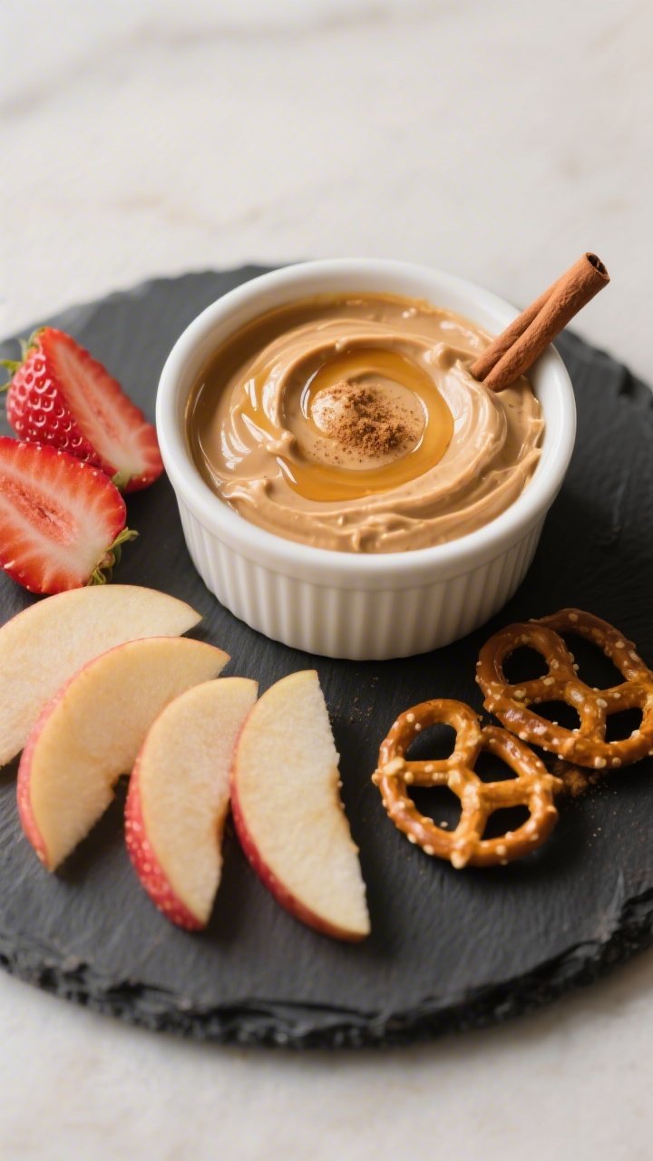 Final dish, tasty top view: Overhead shot of the 100-calorie peanut butter Greek yogurt dip served i