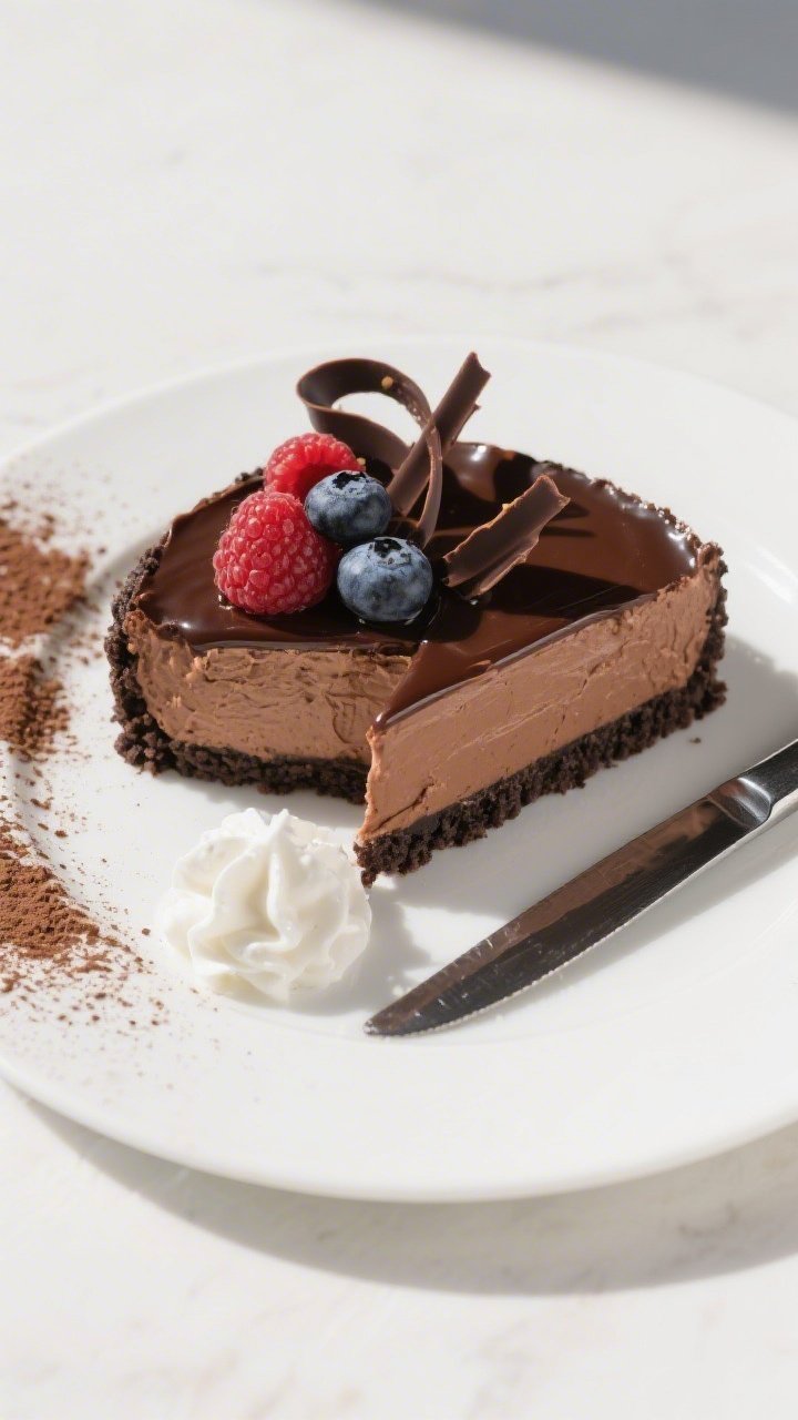 Final dish, tasty top view: Overhead shot of the finished no-bake chocolate cheesecake on a white pl