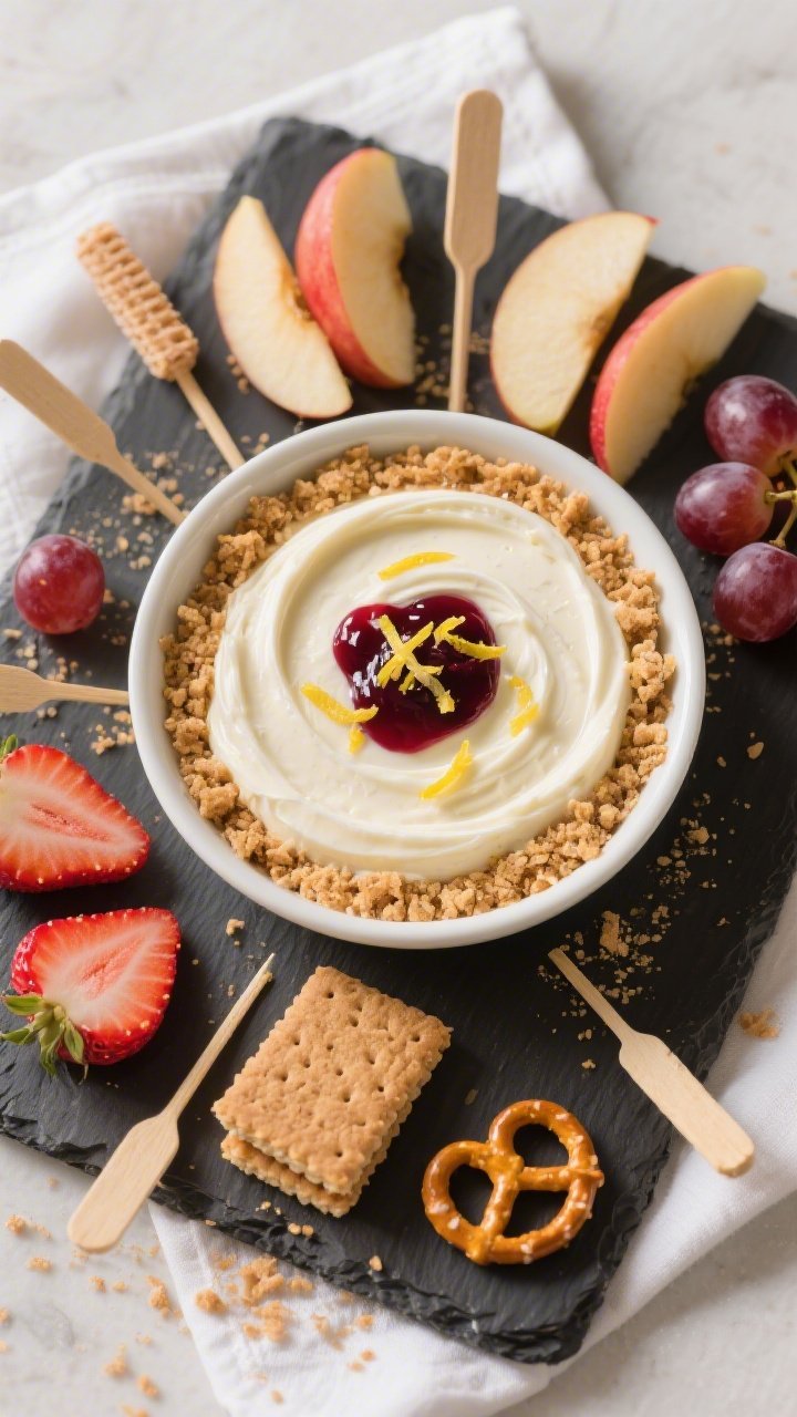 Final dish/top-down platter: Overhead shot of a chilled no-bake cheesecake dip swirled into a low, w