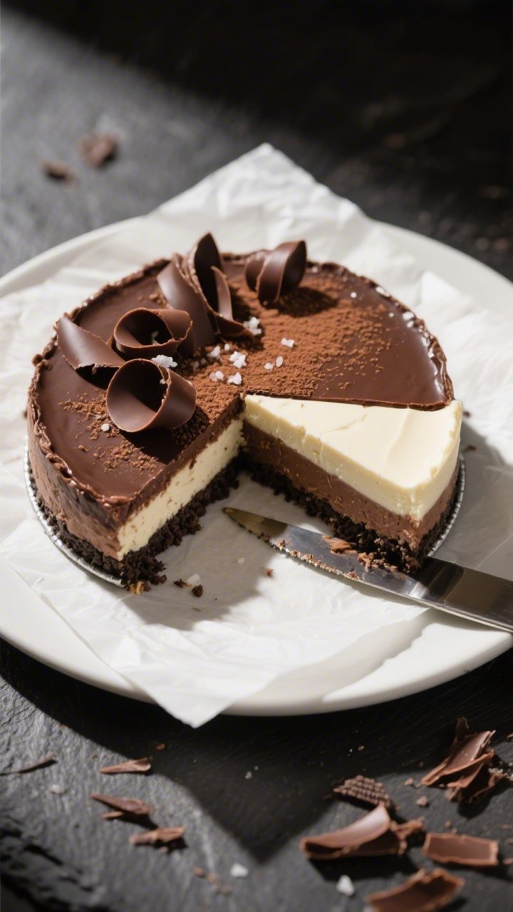 Final dish/top-down presentation: Overhead shot of the fully set no-bake triple chocolate cheesecake