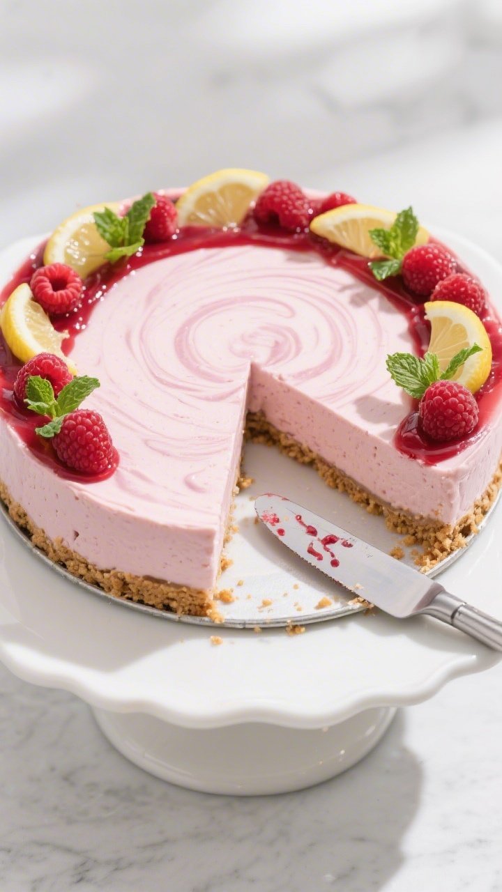 Final dish/top view: Overhead shot of a no-bake raspberry cheesecake in a 9-inch springform on a whi