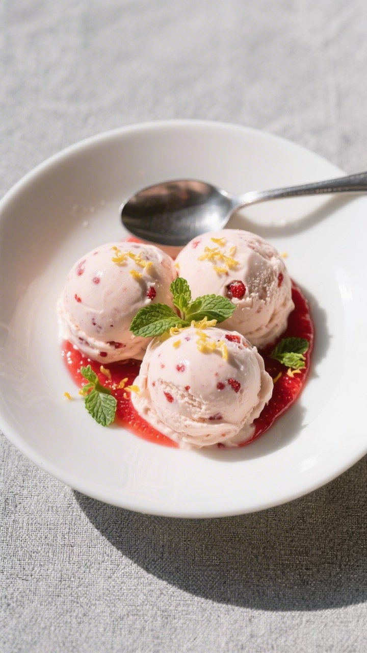 Final dish top view: Overhead shot of perfectly scoopable 100-calorie strawberry ice cream—three r