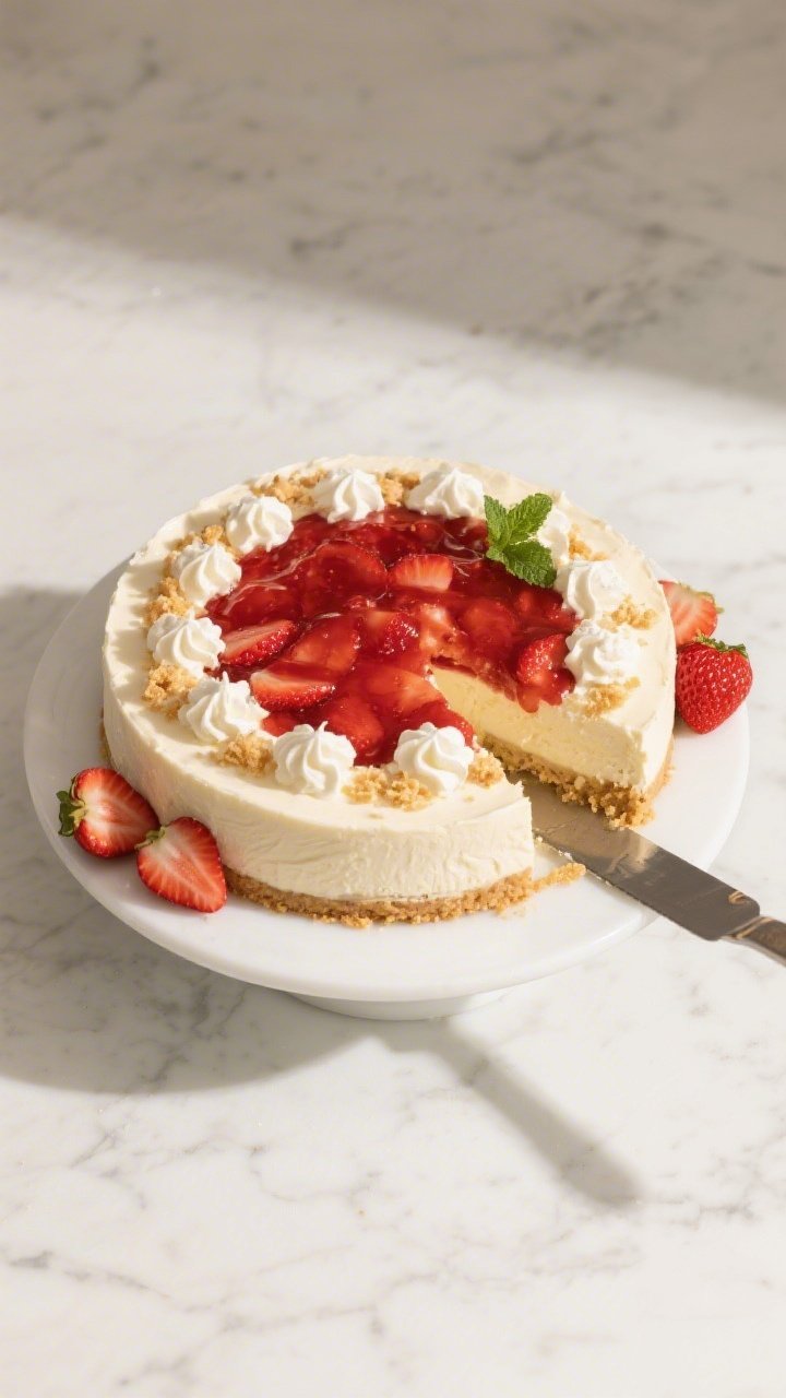 Final dish/top view: Overhead shot of the finished no-bake strawberry shortcake cheesecake on a whit