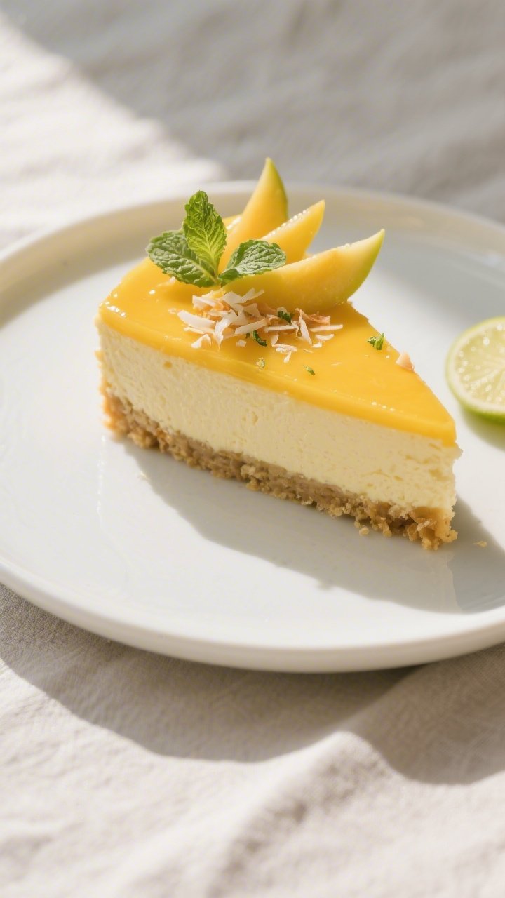 Final plated dessert: Close-up three-quarter angle of a no-bake mango cheesecake with a silky, gloss